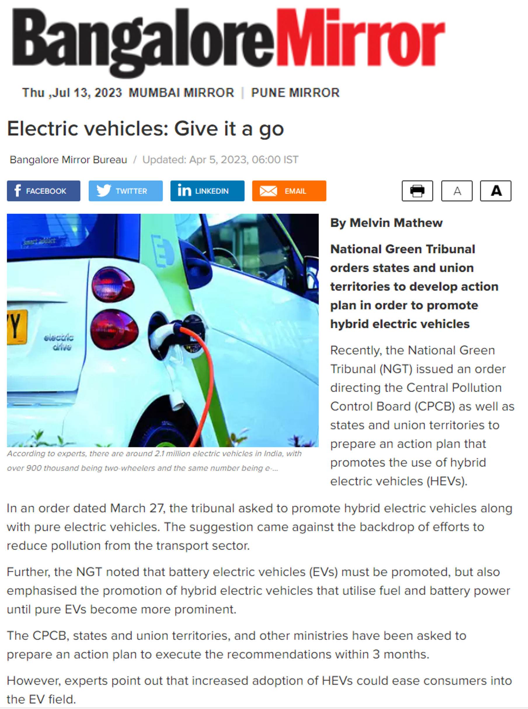 Spurthi Ravuri quoted by Bangalore Mirror on the importance of hybrid vehicles in India’s clean energy transition